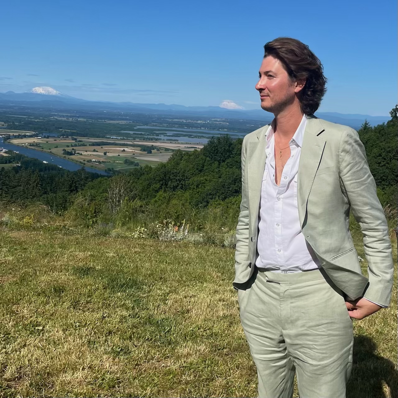 Jonathan Internicola, photographed on a hillside overlooking the Columbia River